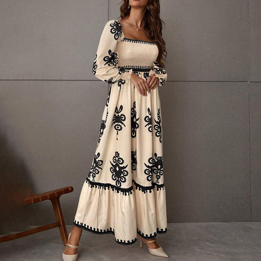 Elegant Women's Retro Geometric Print Lantern Sleeve Dress - Square Neck A-Line With Elastic Cuffs, Casual & Formal Dress