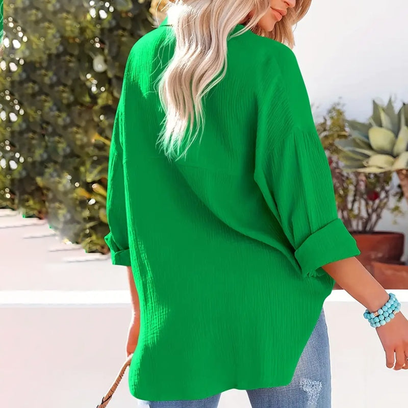 Women's Solid V-Neck Long Sleeve Blouse – Textured Button-Up Casual Shirt for Spring & Fall