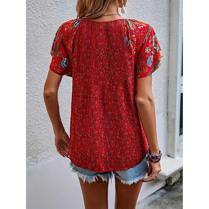 Women's Casual Short Sleeve Shirts Summer Boho Printed V Neck Drawstring Tunic Blouses