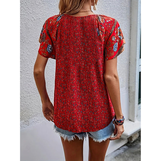 Women's Casual Short Sleeve Shirts Summer Boho Printed V Neck Drawstring Tunic Blouses