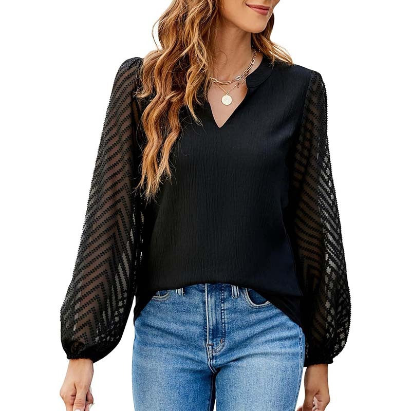 Women's Lace Long Sleeve Chiffon Blouse – V-Neck Dressy Casual Top for Business & Work