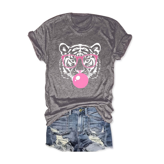 Women’s Round Neck T-Shirt – Tiger with Glasses Blow Bubbles Print Summer Casual Tee
