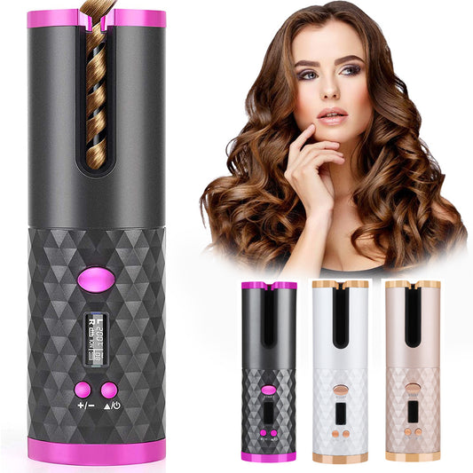 Rechargeable Automatic Hair Curler – Portable Ceramic Curling Iron with LCD Display & Rotating Curling Barrel for Women