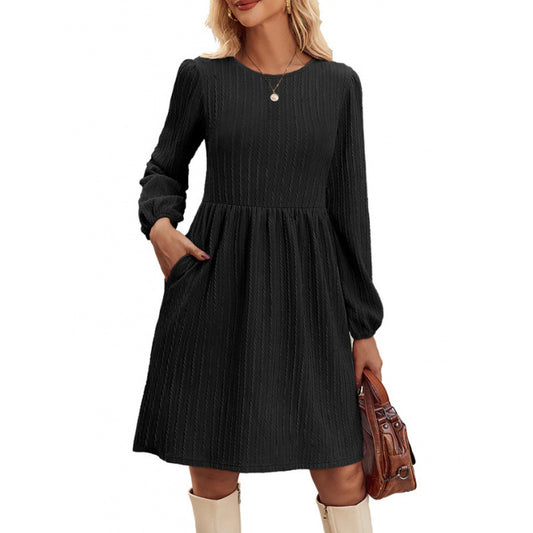Women's Jacquard Knit Dress – Elegant Bubble Sleeve Long Sleeve Bodycon Dress