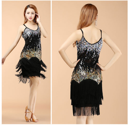 Sequined Suspender Latin Dance Tassel Dress