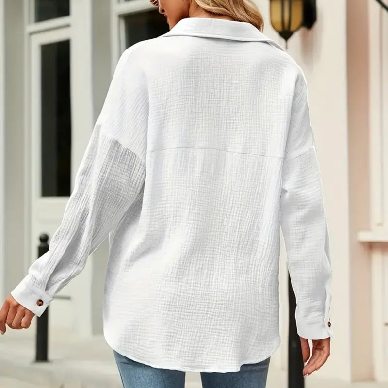 Women's Solid V-Neck Long Sleeve Blouse – Textured Button-Up Casual Shirt for Spring & Fall