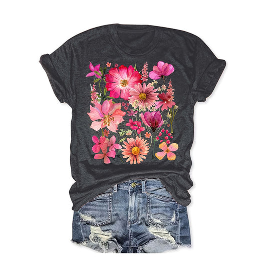 Women's Colorful Floral Print T-Shirt – Round Neck Short Sleeve Summer Casual Top