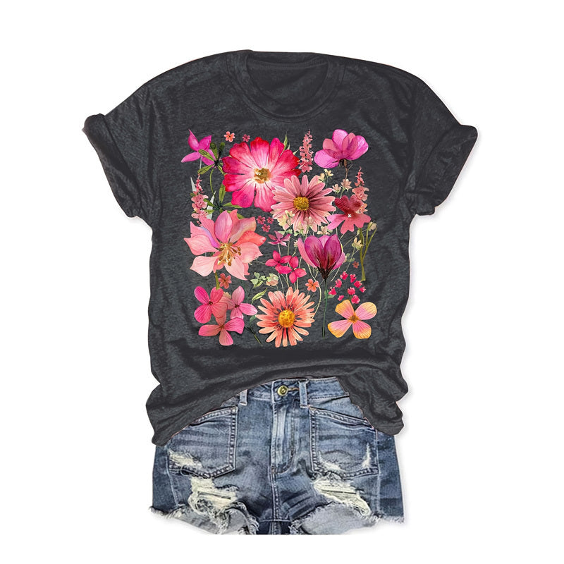Women's Colorful Floral Print T-Shirt – Round Neck Short Sleeve Summer Casual Top
