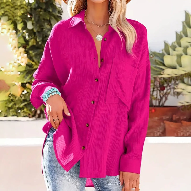 Women's Solid V-Neck Long Sleeve Blouse – Textured Button-Up Casual Shirt for Spring & Fall