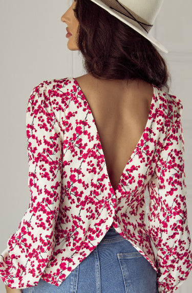 Red Floral Print Long Sleeve Open Back Blouse