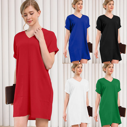 Women's Casual V-Neck Short Sleeve Dress – Comfortable Loungewear for Home & Daily Wear