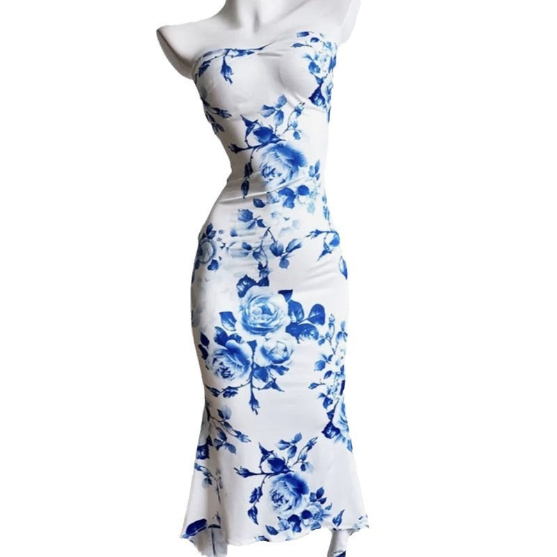 Chinese Print Tube Top Dress Blue And White Porcelain Sheath Fishtail Skirt