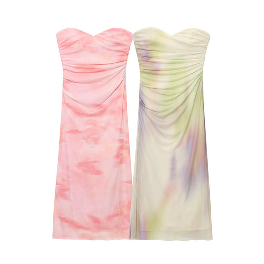 New Summer Ethnic Print Floral Silk Net Tube Top Dress