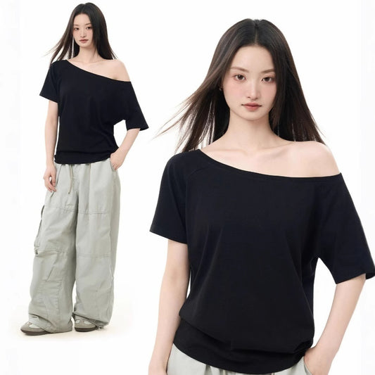 High-end Loose Oblique Shoulder Tops Short Sleeve Women