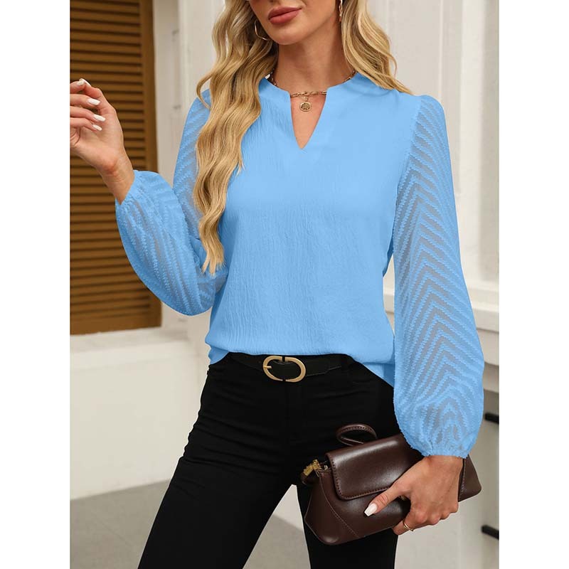 Women's Lace Long Sleeve Chiffon Blouse – V-Neck Dressy Casual Top for Business & Work
