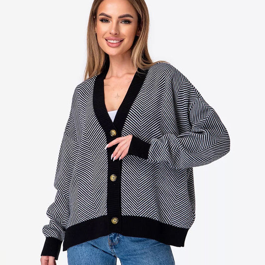 Women's Contrast Striped Sweater Jacket – Long Sleeve Casual Knit Top