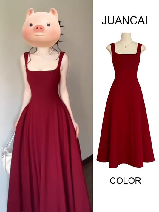 Women's Red Slip Dress – French Style Summer Sleeveless Dress with Square Neckline