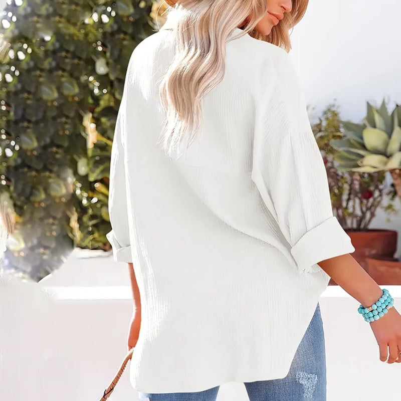 Women's Solid V-Neck Long Sleeve Blouse – Textured Button-Up Casual Shirt for Spring & Fall