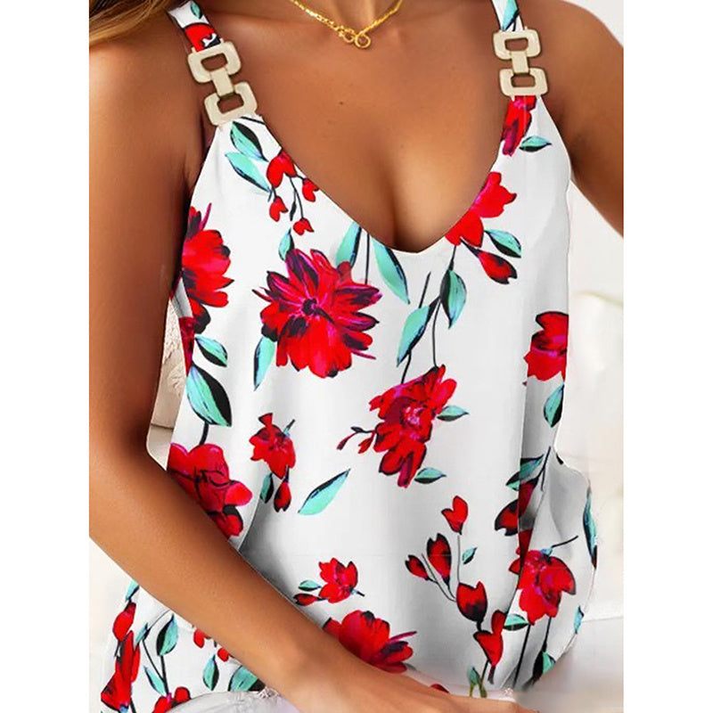 Summer Tank Tops For Women V Neck Chain Straps Sleeveless Top Loose Fit Casual Stripe Shirts Blouse