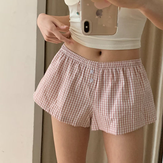Women's Loose Plaid Shorts - High Waisted Wide Leg Hot Pants with Elastic Waist