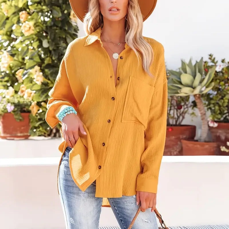 Women's Solid V-Neck Long Sleeve Blouse – Textured Button-Up Casual Shirt for Spring & Fall