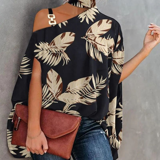 Women's Halter Neck Shawl-Style Bat Sleeve Top – Elegant Printed Short Sleeve Blouse