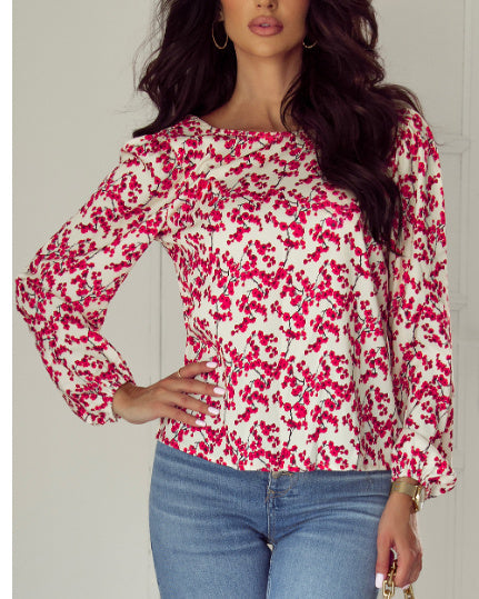 Red Floral Print Long Sleeve Open Back Blouse