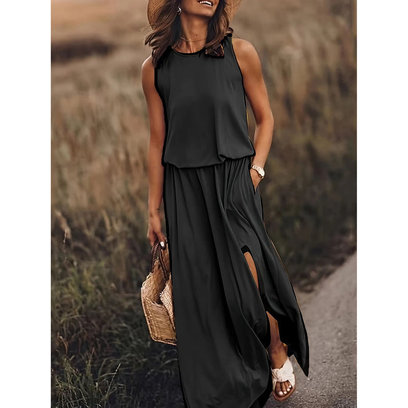 Women's Maxi Dress Summer Sleeveless Crewneck Sundress Casual Loose Long Dresses With Pockets