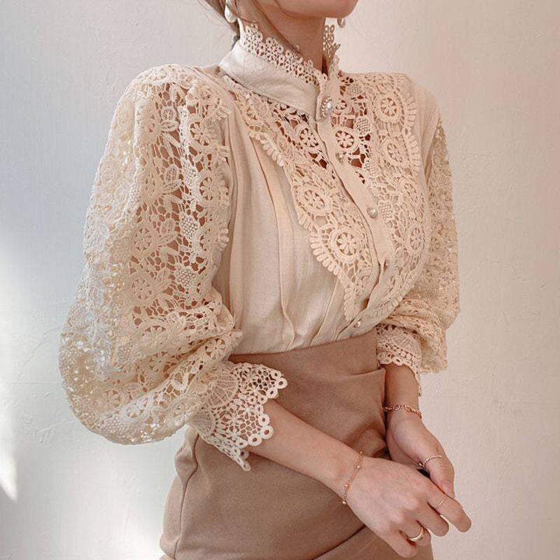 Elegant Women's Vintage Pearl Button Lace Blouse - Puff Sleeve Semi-Sheer Ruffled Stand Collar Shirt Spring&Summer Office & Vacation Top
