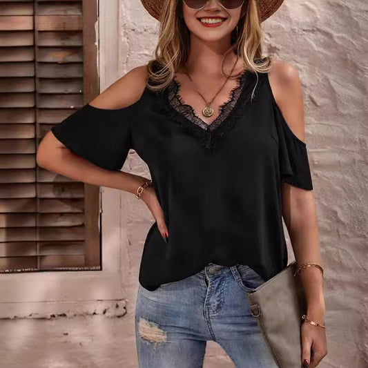 Eyelash Lace Edge V-neck Off-shoulder Short Sleeve Top T-shirt