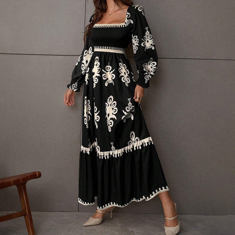 Elegant Women's Retro Geometric Print Lantern Sleeve Dress - Square Neck A-Line With Elastic Cuffs, Casual & Formal Dress