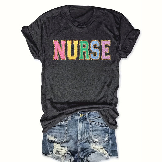 Women’s Short Sleeve Round Neck T-Shirt – ‘NURSE’ Printed Casual Summer Top