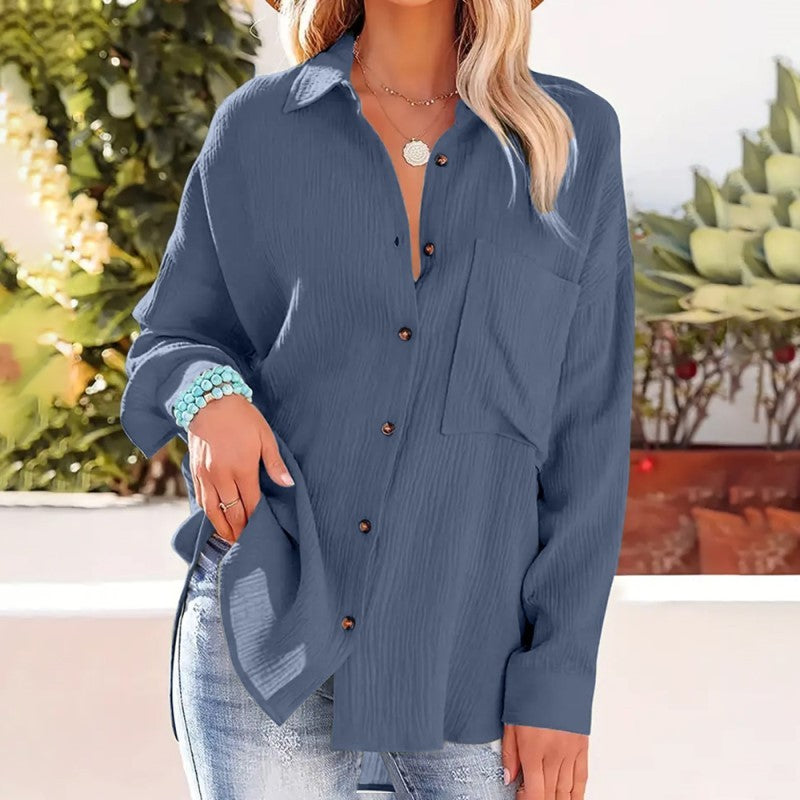 Women's Solid V-Neck Long Sleeve Blouse – Textured Button-Up Casual Shirt for Spring & Fall