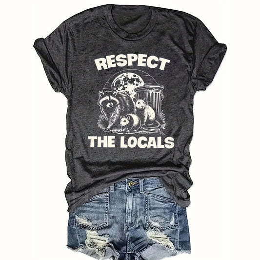 Women's "Respect the Locals" Rodent Print T-Shirt – Funny Graphic Round Neck Summer Tee