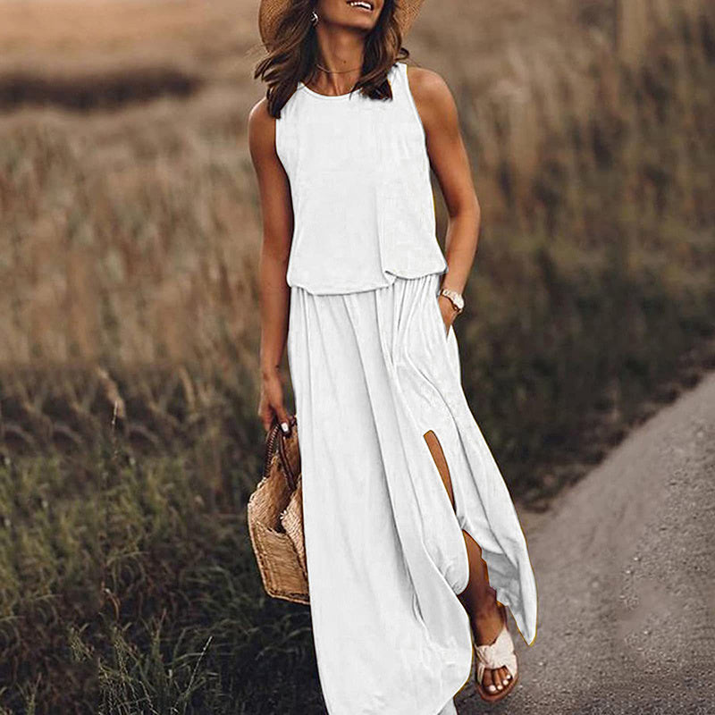 Women's Maxi Dress Summer Sleeveless Crewneck Sundress Casual Loose Long Dresses With Pockets