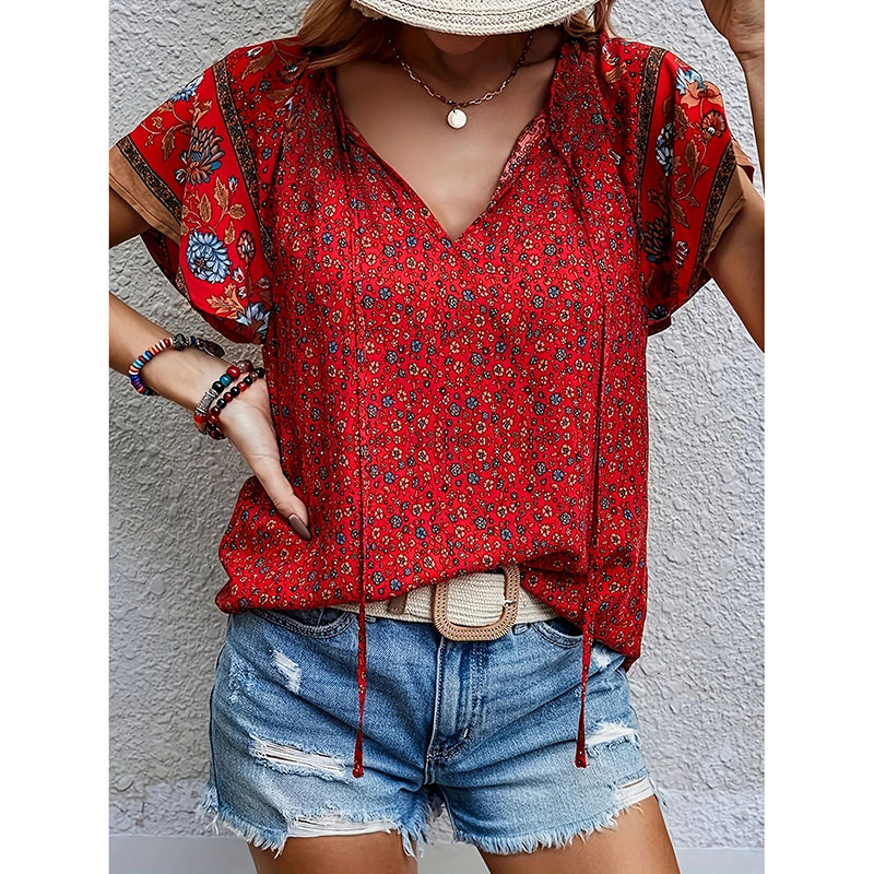 Women's Casual Short Sleeve Shirts Summer Boho Printed V Neck Drawstring Tunic Blouses