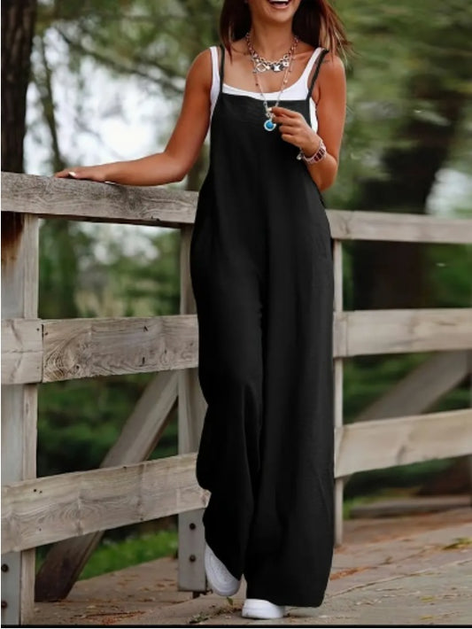 Women's Casual Solid Color Wide Leg Overall Jumpsuit – Comfortable & Stylish One-Piece
