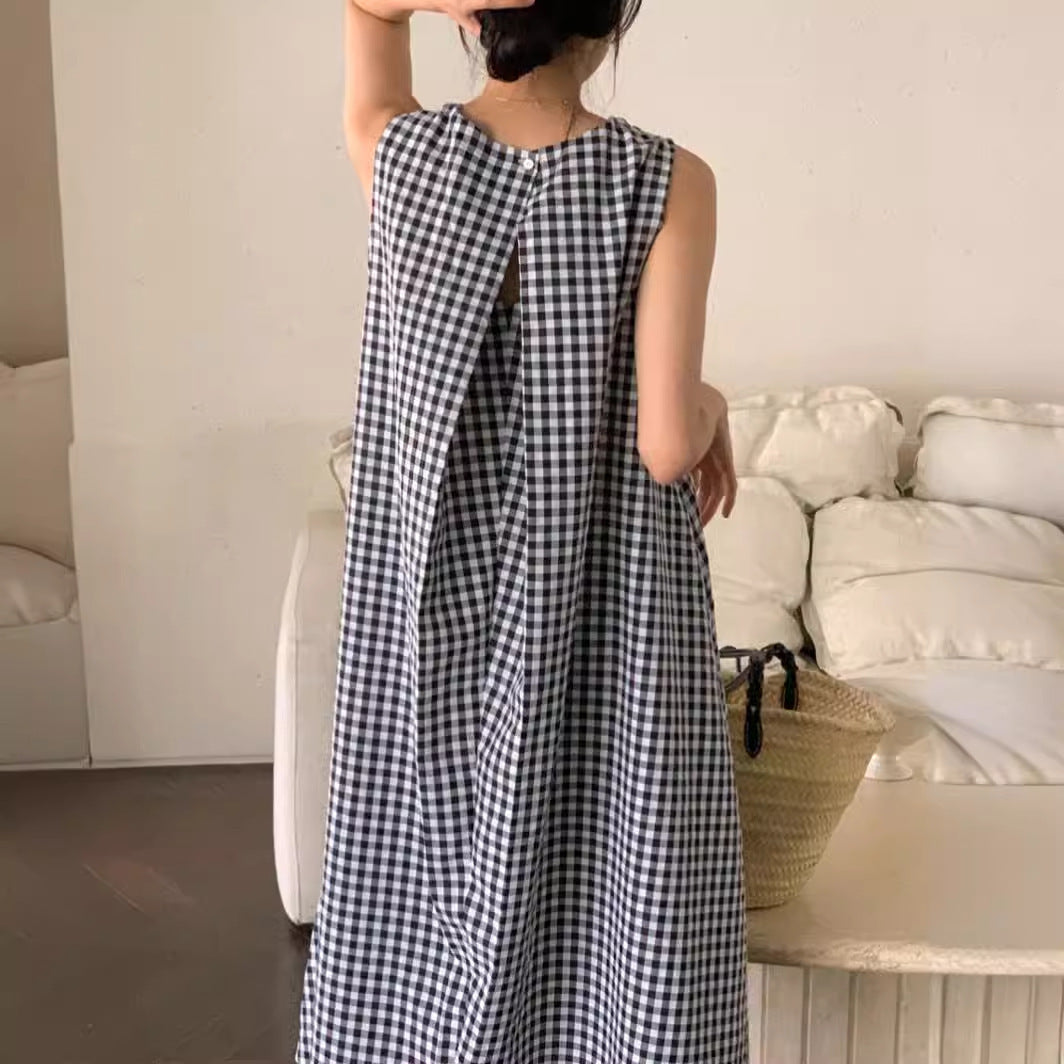 Special-interest Design Hollow Sweet Pleated Plaid Sleeveless Dress