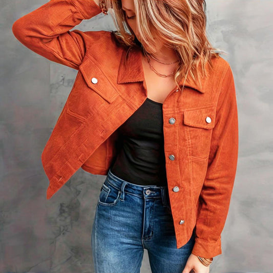 Women's Corduroy Long Sleeve Jacket - Casual Button-Up Coat With Flap Pockets, Fall & Spring Fashion Outerwear