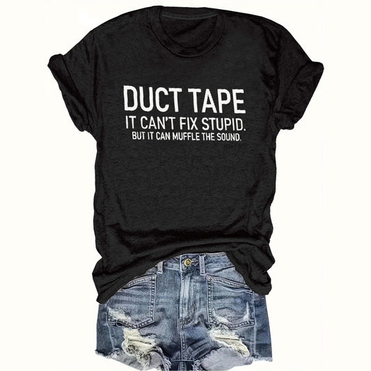 Women’s Black Round Neck Slogan Print T-Shirt – Casual Short Sleeve Tee