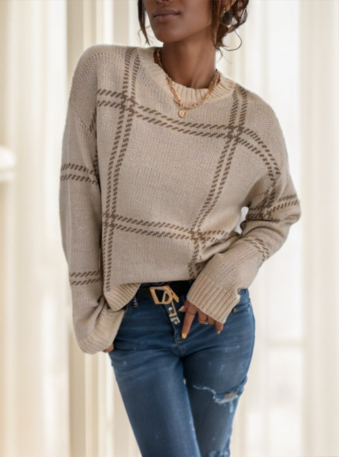 Plaid Pattern Drop Shoulder Sweater Long Sleeve Tops