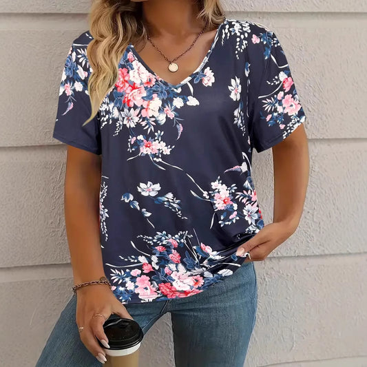 Women's V-Neck Short Sleeve T-Shirt – Comfortable Fashion Tee with Animal & Plant Print