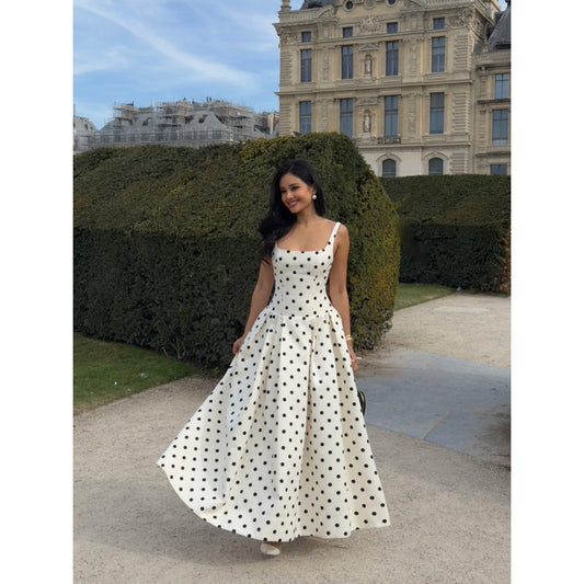 Square Collar Polka-dot Cinched Pleated Large Swing Sling Dress