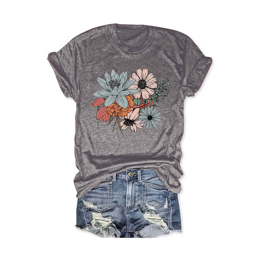 Women's Floral Print Round Neck T-Shirt – Basic Casual Summer Tee
