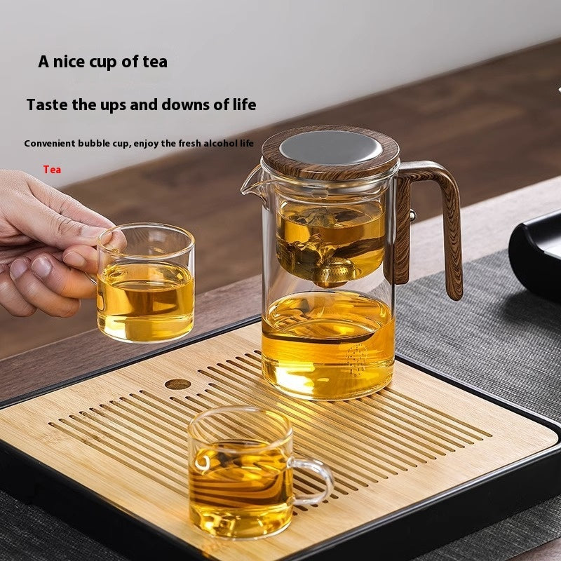 Magnetic Separation Glass Teapot – One-Click Tea Filter Pot with Wooden Handle & Inner Infuser