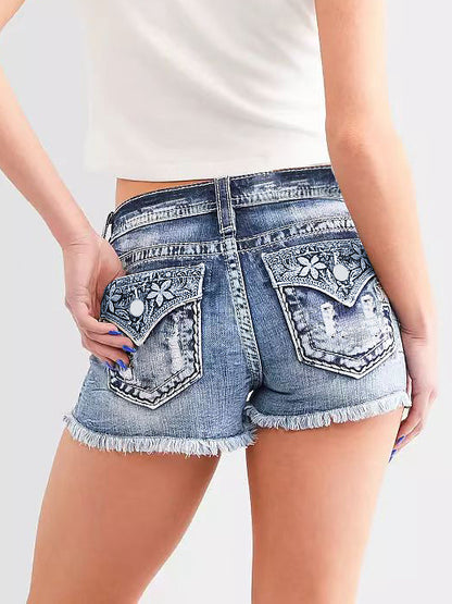 Women's Mid-High Rise Ripped Denim Shorts – Distressed Stretchy Jean Shorts for Summer