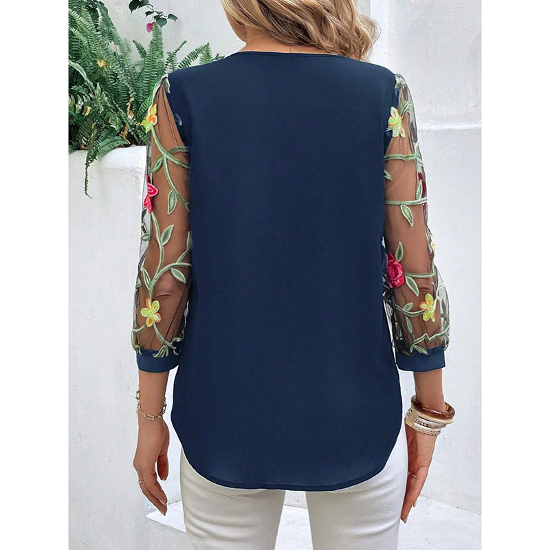 Women’s Floral Embroidered Mesh Puff Sleeve Crew Neck Tee Top