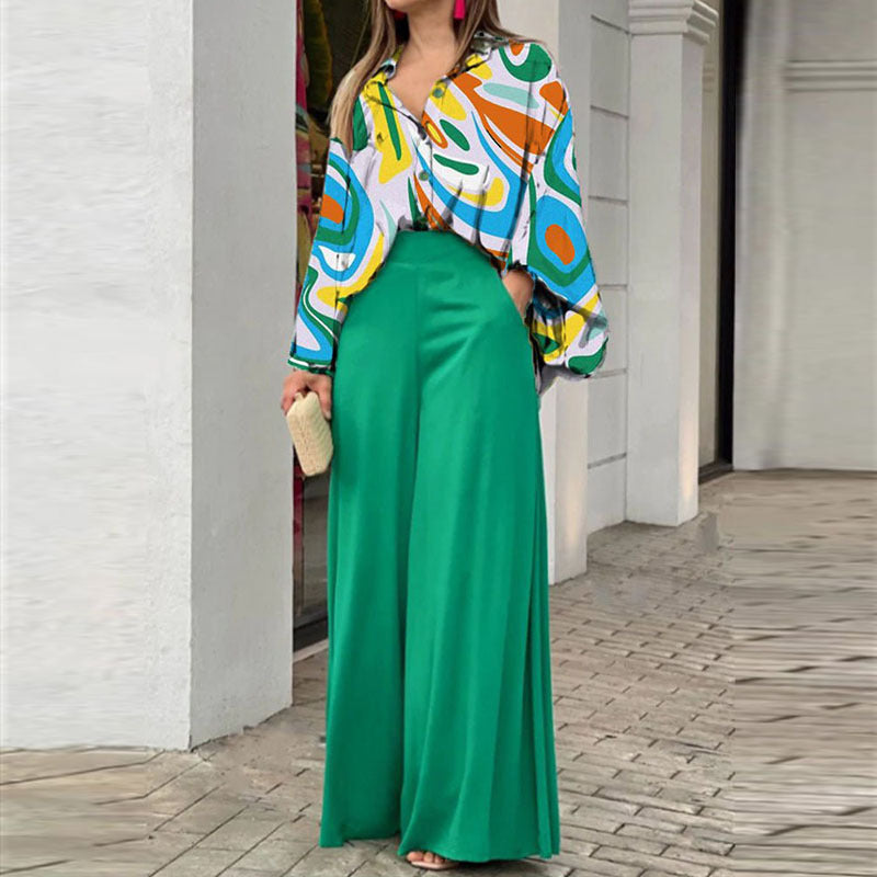 Women's Casual Printed Shirt & Wide Leg Pants Set – Loose Fit Elegant 2-Piece Fashion Outfit