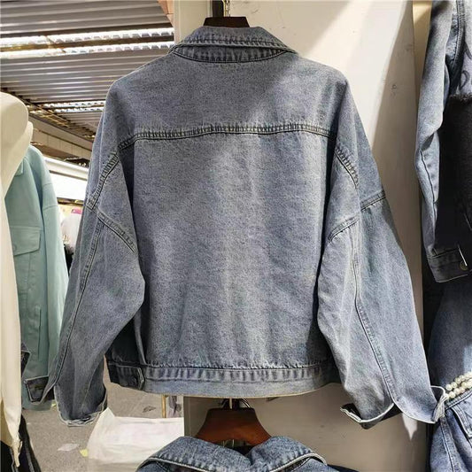 Women's Loose Denim Jacket with Beaded Diamond Splice – Stylish Grenadine Mesh Patchwork Jean Coat