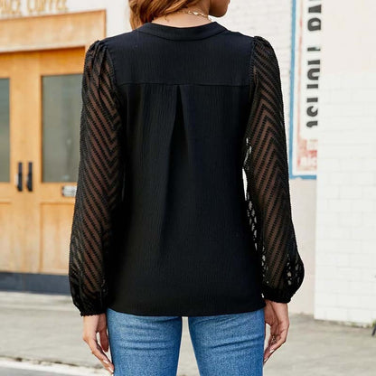 Women's Lace Long Sleeve Chiffon Blouse – V-Neck Dressy Casual Top for Business & Work